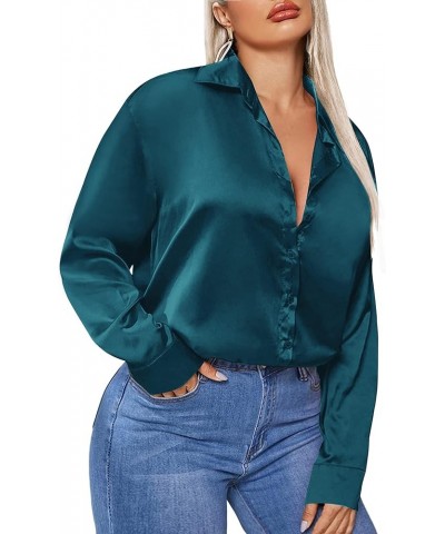 Womens Plus Size Satin Blouse Long Sleeve Button Down Shirt Tops Casual Work Formal Business Attire Shirts Blue Green $23.99 ...