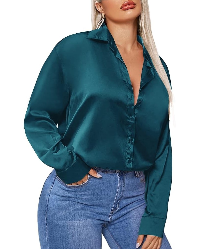 Womens Plus Size Satin Blouse Long Sleeve Button Down Shirt Tops Casual Work Formal Business Attire Shirts Blue Green $23.99 ...