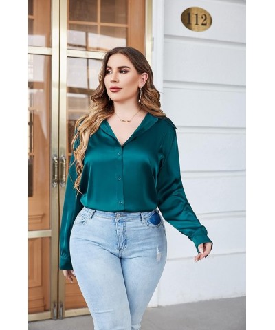 Womens Plus Size Satin Blouse Long Sleeve Button Down Shirt Tops Casual Work Formal Business Attire Shirts Blue Green $23.99 ...