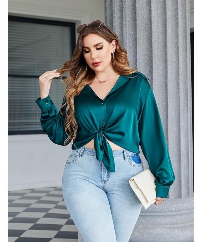 Womens Plus Size Satin Blouse Long Sleeve Button Down Shirt Tops Casual Work Formal Business Attire Shirts Blue Green $23.99 ...