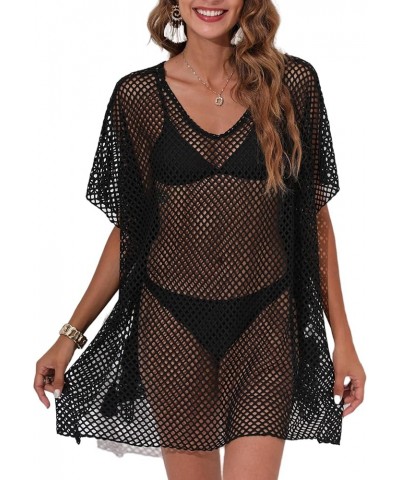 Beach Womens Coverups Tops Sexy Perspective Cover Up Knit Mesh Long Sleeves See-through Black 21 $13.19 Swimsuits