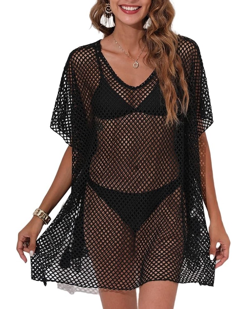 Beach Womens Coverups Tops Sexy Perspective Cover Up Knit Mesh Long Sleeves See-through Black 21 $13.19 Swimsuits