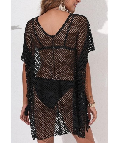 Beach Womens Coverups Tops Sexy Perspective Cover Up Knit Mesh Long Sleeves See-through Black 21 $13.19 Swimsuits