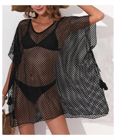 Beach Womens Coverups Tops Sexy Perspective Cover Up Knit Mesh Long Sleeves See-through Black 21 $13.19 Swimsuits