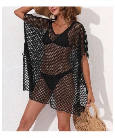 Beach Womens Coverups Tops Sexy Perspective Cover Up Knit Mesh Long Sleeves See-through Black 21 $13.19 Swimsuits