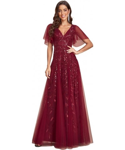 Women's Sequin Sparkly V-Neck Short Sleeve Maxi Evening Dress Prom Gowns 00734 Burgundy $35.23 Dresses