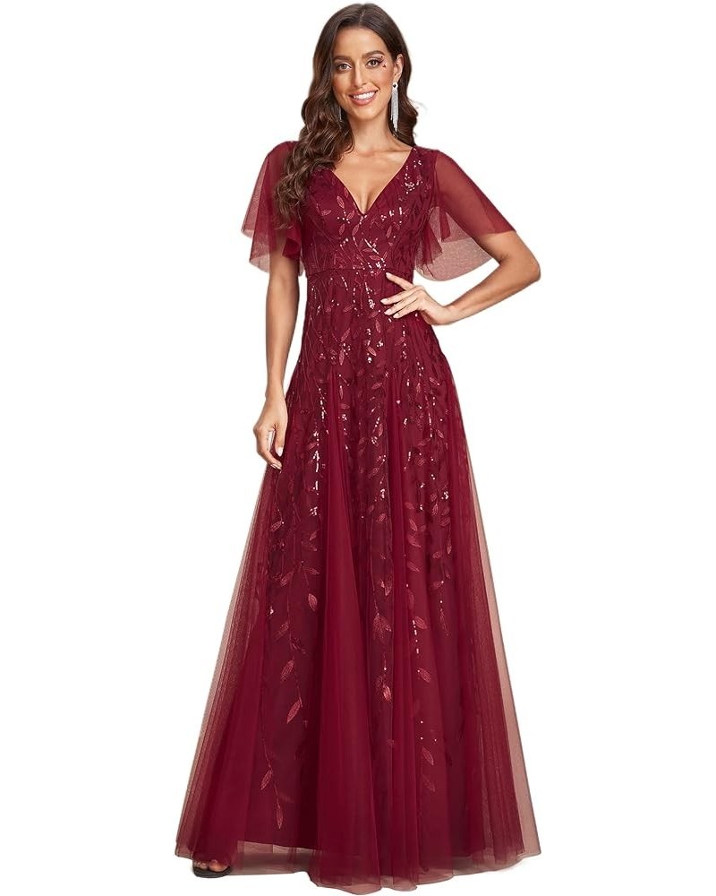 Women's Sequin Sparkly V-Neck Short Sleeve Maxi Evening Dress Prom Gowns 00734 Burgundy $35.23 Dresses