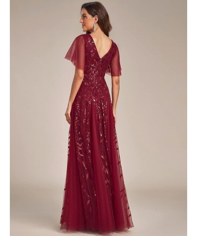 Women's Sequin Sparkly V-Neck Short Sleeve Maxi Evening Dress Prom Gowns 00734 Burgundy $35.23 Dresses