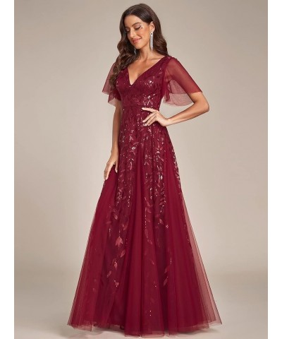 Women's Sequin Sparkly V-Neck Short Sleeve Maxi Evening Dress Prom Gowns 00734 Burgundy $35.23 Dresses