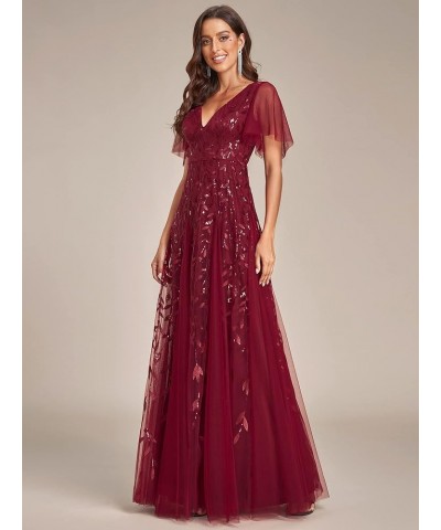 Women's Sequin Sparkly V-Neck Short Sleeve Maxi Evening Dress Prom Gowns 00734 Burgundy $35.23 Dresses