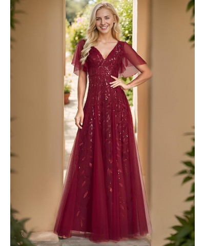 Women's Sequin Sparkly V-Neck Short Sleeve Maxi Evening Dress Prom Gowns 00734 Burgundy $35.23 Dresses