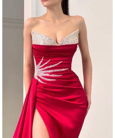 Sequin Strapless Prom Dresses Mermaid Slit Formal Evening Gowns V Neck Party Dresses for Women Deep Red $43.00 Dresses