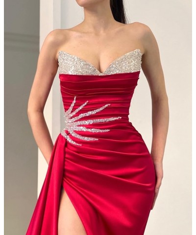 Sequin Strapless Prom Dresses Mermaid Slit Formal Evening Gowns V Neck Party Dresses for Women Deep Red $43.00 Dresses