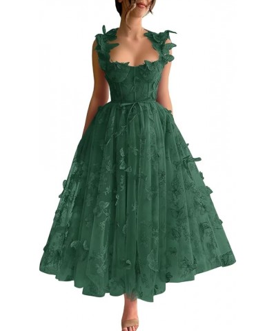 Women's 3D Butterflies Tulle Prom Dresses Corset Spaghetti Strap Tea Length Formal Evening Party Gown Emerald Green $29.19 Dr...