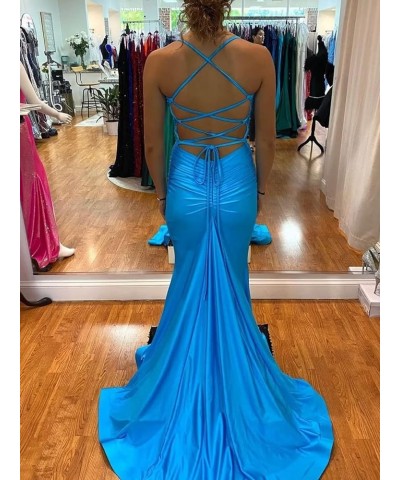 Elastic Satin Mermaid Prom Dresses Long for Women Fitted V-Neck Formal Evening Gowns for Wedding Guest Cross Back Baby Blue $...