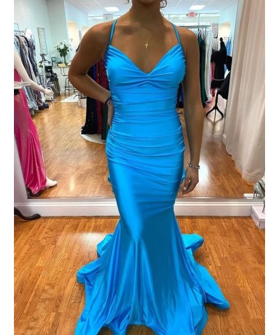 Elastic Satin Mermaid Prom Dresses Long for Women Fitted V-Neck Formal Evening Gowns for Wedding Guest Cross Back Baby Blue $...