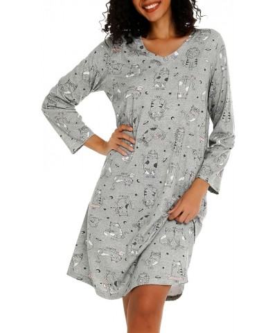 Women's Cotton Nightgown Long Sleeve V Neck Nightshirt Print Sleep Dress with Pockets Grey Cat $14.84 Sleep & Lounge