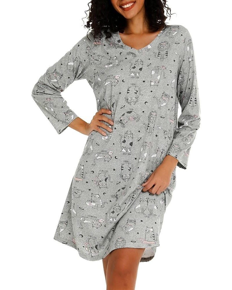 Women's Cotton Nightgown Long Sleeve V Neck Nightshirt Print Sleep Dress with Pockets Grey Cat $14.84 Sleep & Lounge