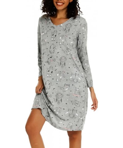 Women's Cotton Nightgown Long Sleeve V Neck Nightshirt Print Sleep Dress with Pockets Grey Cat $14.84 Sleep & Lounge