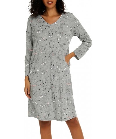 Women's Cotton Nightgown Long Sleeve V Neck Nightshirt Print Sleep Dress with Pockets Grey Cat $14.84 Sleep & Lounge