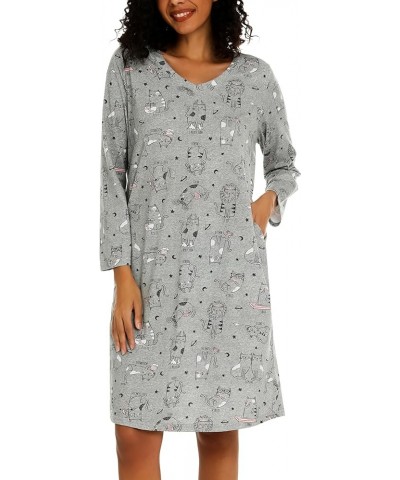 Women's Cotton Nightgown Long Sleeve V Neck Nightshirt Print Sleep Dress with Pockets Grey Cat $14.84 Sleep & Lounge