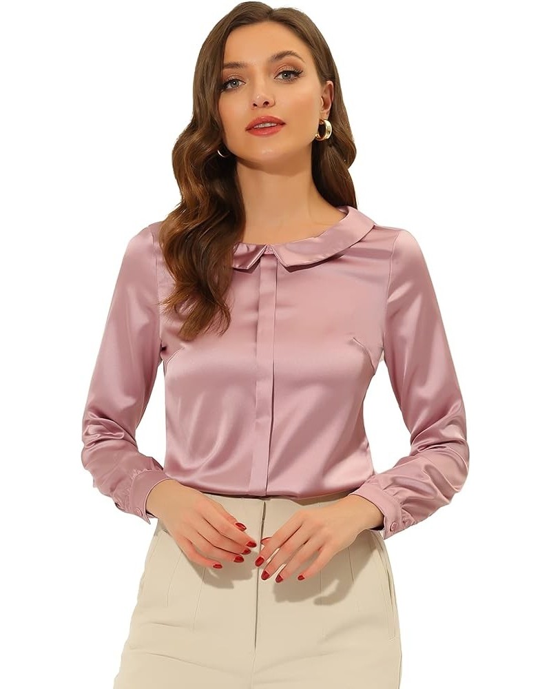 Women's Satin Peter Pan Collar Shirt Office Elegant Top Work Blouse Pink $13.65 Blouses