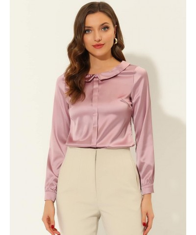 Women's Satin Peter Pan Collar Shirt Office Elegant Top Work Blouse Pink $13.65 Blouses