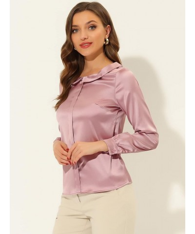 Women's Satin Peter Pan Collar Shirt Office Elegant Top Work Blouse Pink $13.65 Blouses