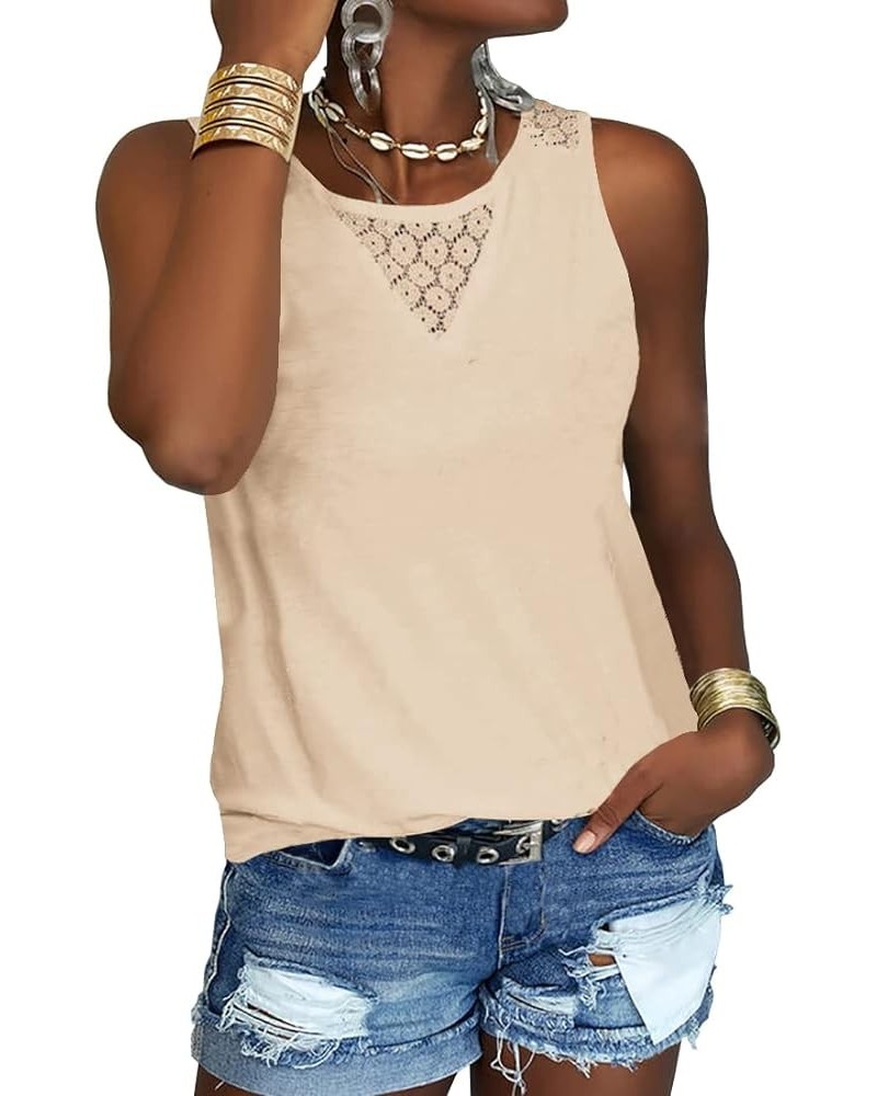 Women's Lace Tank Tops for Summer Crew Neck Casual Loose Fit Solid Sleeveless Shirt Lace Tanks Apricot $10.00 Tanks