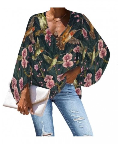 Women's V Neck Animal Floral Printed Casual Shirts 3/4 Balloon Sleeve Soft Loose Tunic Tops and Blouses Floral Hummingbird $1...