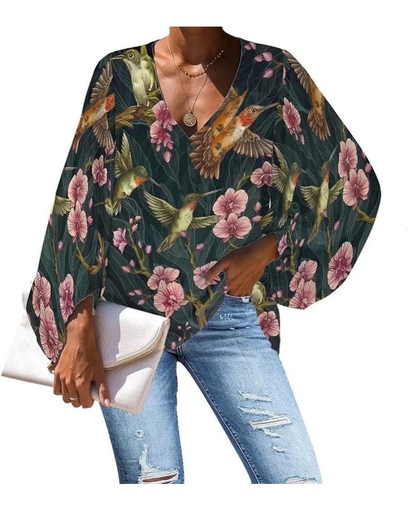 Women's V Neck Animal Floral Printed Casual Shirts 3/4 Balloon Sleeve Soft Loose Tunic Tops and Blouses Floral Hummingbird $1...