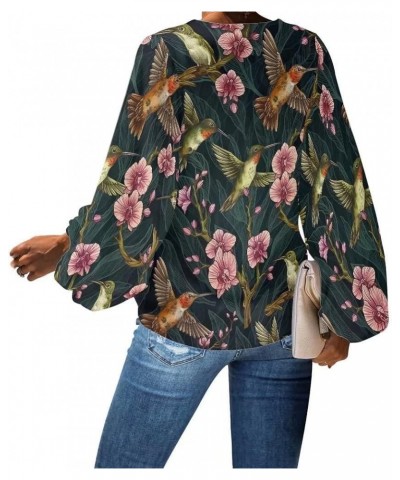 Women's V Neck Animal Floral Printed Casual Shirts 3/4 Balloon Sleeve Soft Loose Tunic Tops and Blouses Floral Hummingbird $1...