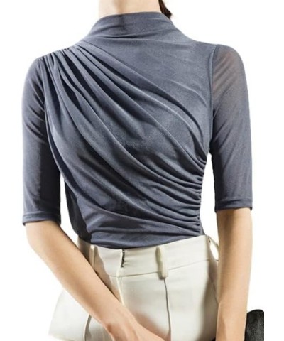 Women's Mock Neck Half Sleeve Slim Fit T-Shirts Ruched Dressy Tops Casual Summer Tee Mesh Greyish Blue $11.75 T-Shirts