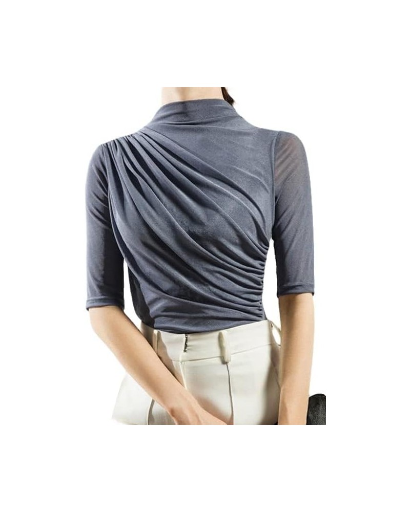 Women's Mock Neck Half Sleeve Slim Fit T-Shirts Ruched Dressy Tops Casual Summer Tee Mesh Greyish Blue $11.75 T-Shirts