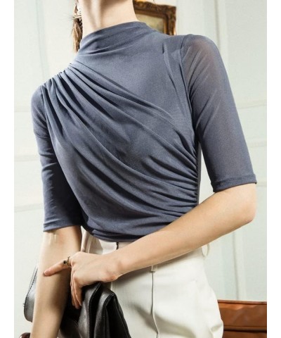 Women's Mock Neck Half Sleeve Slim Fit T-Shirts Ruched Dressy Tops Casual Summer Tee Mesh Greyish Blue $11.75 T-Shirts