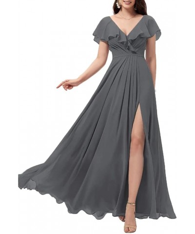 Women's Ruffle Sleeves Bridesmaid Dresses with Slit V-Neck Evening Party Gown Long Chiffon Formal Dress Dark Grey $32.56 Dresses