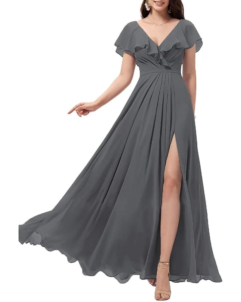 Women's Ruffle Sleeves Bridesmaid Dresses with Slit V-Neck Evening Party Gown Long Chiffon Formal Dress Dark Grey $32.56 Dresses