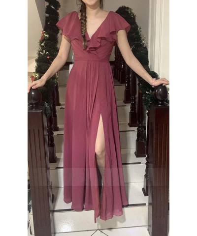 Women's Ruffle Sleeves Bridesmaid Dresses with Slit V-Neck Evening Party Gown Long Chiffon Formal Dress Dark Grey $32.56 Dresses