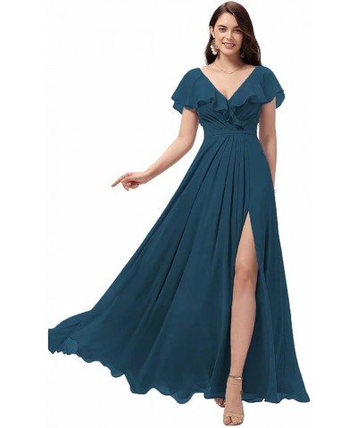 Women's Ruffle Sleeves Bridesmaid Dresses with Slit V-Neck Evening Party Gown Long Chiffon Formal Dress Dark Grey $32.56 Dresses