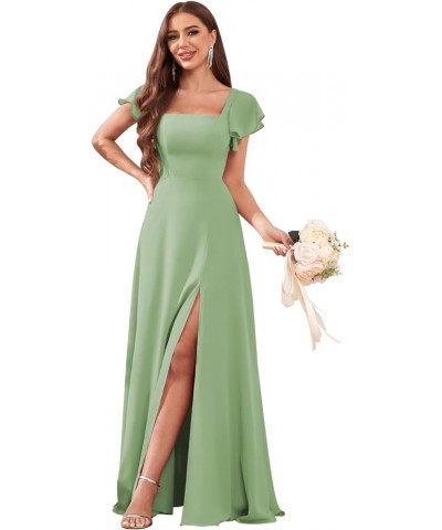 Women's Chiffon Bridesmaid Dresses Ruffle Sleeve A Line Long Evening Formal Party Dress with Slit Sage Green $35.00 Dresses