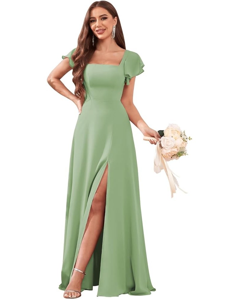 Women's Chiffon Bridesmaid Dresses Ruffle Sleeve A Line Long Evening Formal Party Dress with Slit Sage Green $35.00 Dresses