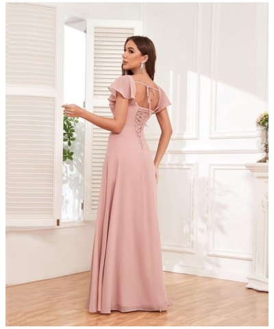 Women's Chiffon Bridesmaid Dresses Ruffle Sleeve A Line Long Evening Formal Party Dress with Slit Sage Green $35.00 Dresses