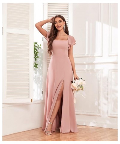 Women's Chiffon Bridesmaid Dresses Ruffle Sleeve A Line Long Evening Formal Party Dress with Slit Sage Green $35.00 Dresses