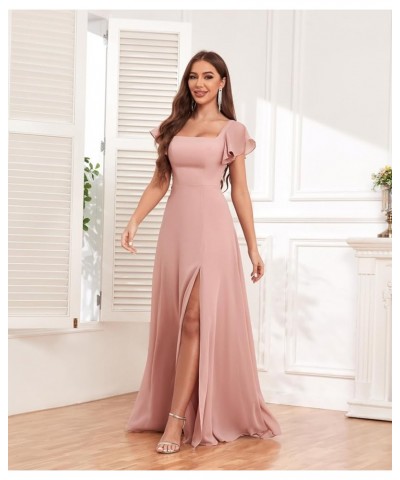 Women's Chiffon Bridesmaid Dresses Ruffle Sleeve A Line Long Evening Formal Party Dress with Slit Sage Green $35.00 Dresses