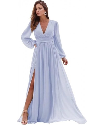 V Neck Long Sleeve Bridesmaid Dresses with Slit Chiffon Ruched A Line Formal Prom Dresses Evening Gowns Lavender $30.75 Dresses