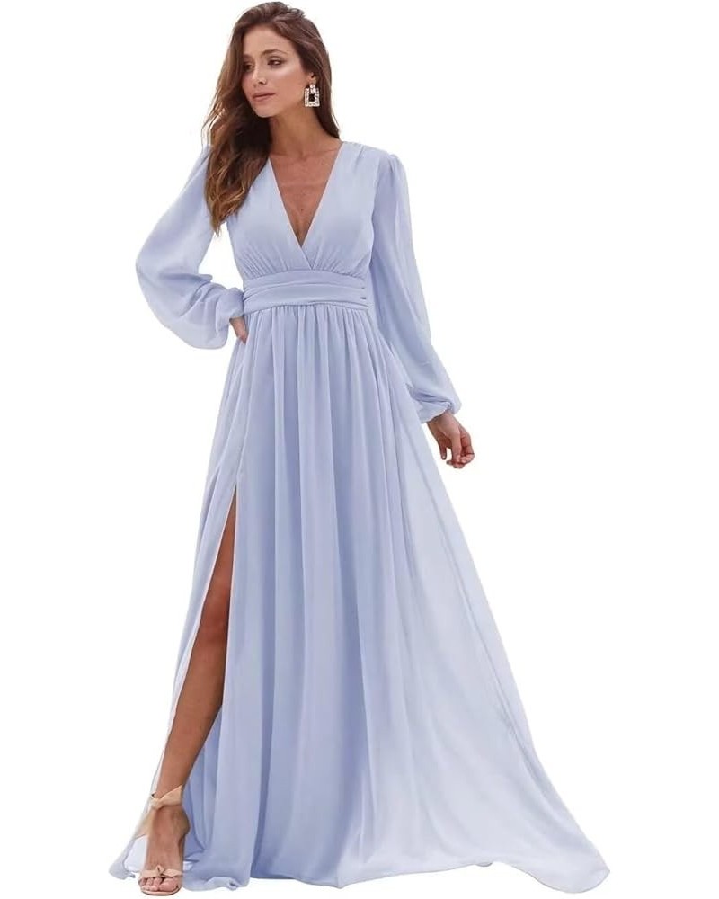 V Neck Long Sleeve Bridesmaid Dresses with Slit Chiffon Ruched A Line Formal Prom Dresses Evening Gowns Lavender $30.75 Dresses