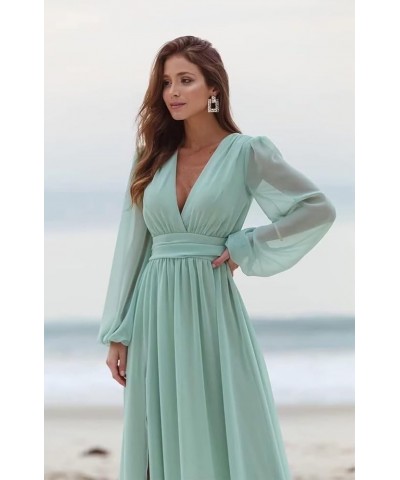 V Neck Long Sleeve Bridesmaid Dresses with Slit Chiffon Ruched A Line Formal Prom Dresses Evening Gowns Lavender $30.75 Dresses