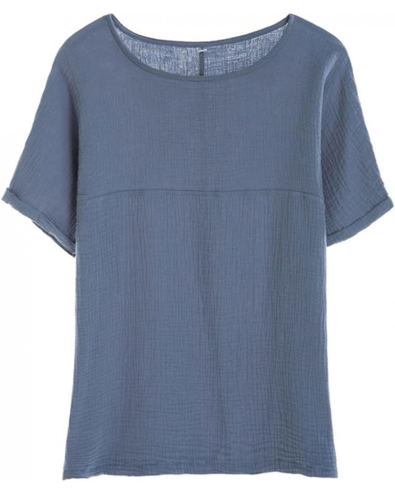 Women's Cotton Linen Round Collar Boxy Top Patchwork Blouses Blue Grey $11.00 Blouses