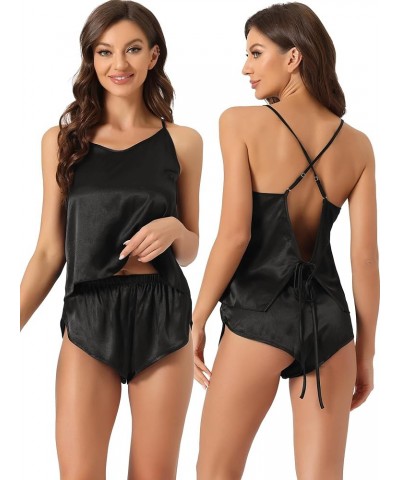 Womens Satin Pajamas Backless Sexy Lingerie Pjs Tops with Shorts Silky Cami Lounge Sets Black $11.52 Sleep & Lounge