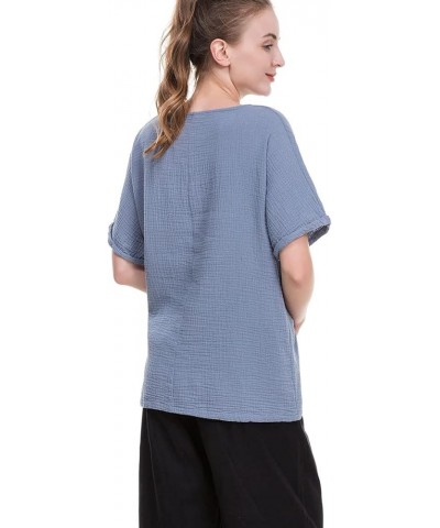 Women's Cotton Linen Round Collar Boxy Top Patchwork Blouses Blue Grey $11.00 Blouses